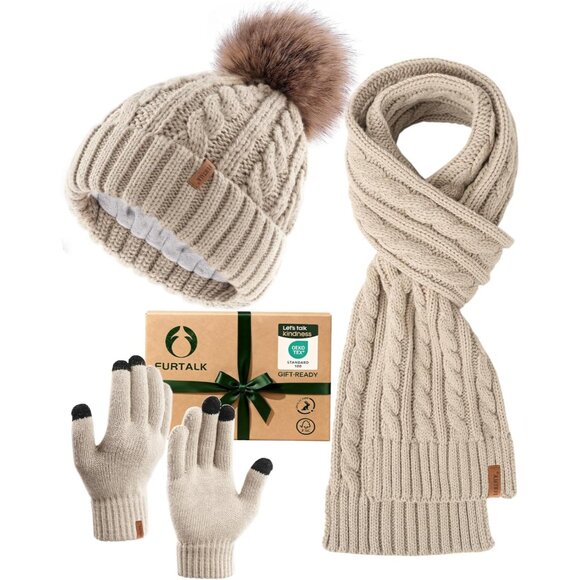 Womens Winter Hat Gloves Scarf Set Fleece Knit Pom Beanie Warm Neck Warmer Touch - Picture 1 of 7